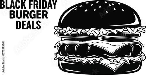 Grab amazing Black Friday burger deals with this eye catching promotional graphic featuring a delicious burger. detailed vector drawing with solid fills