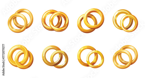 Several pairs of glossy golden rings stacked together on a white backdrop