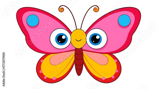A cute, vibrant cartoon butterfly with large eyes and colorful wings, ready to flutter