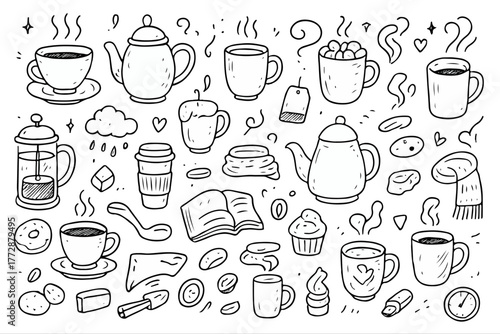 Hand-drawn doodle vector set of hot drinks, including tea, coffee, cocoa, and marshmallow mugs, isolated on white background
