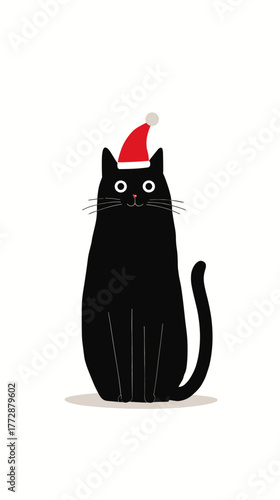 Vector illustration of a black cat sitting with a santa hat on