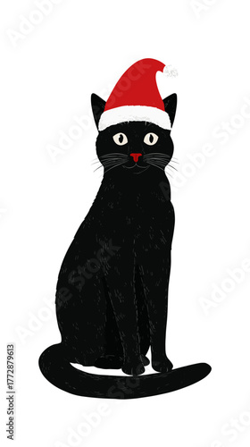 Vector illustration of a black cat sitting with a santa hat on