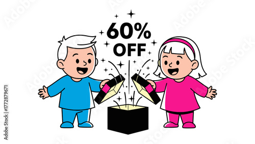 Children's Offer: A whimsical illustration features two children unveiling a magical box, revealing a tempting 60% OFF deal, perfect for promotions and sales.