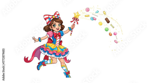 Candy Girl's Magical Touch: Enchanting illustration of a candy-themed girl conjures a whimsical spell with her wand, bringing forth a cascade of sweets and delight.