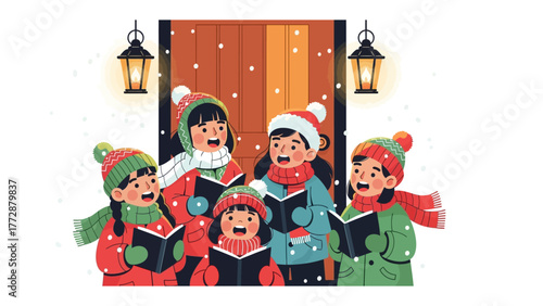 Harmony in Winter's Embrace: A group of children, bundled in warm winter attire, stand before a cozy doorway, singing carols amidst a gentle snowfall. A heartwarming scene of community spirit.