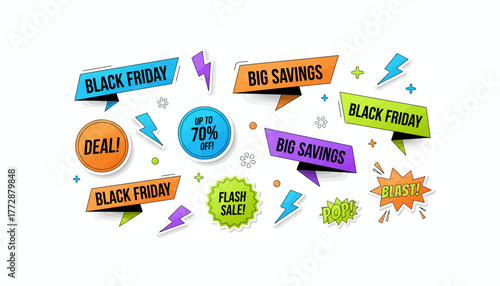 Black Friday deals, up to 70% off, flash sale banner vector graphics on white background for retail advertising campaign