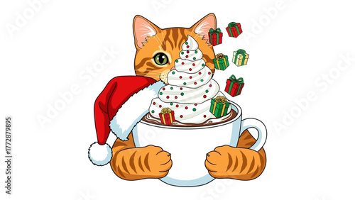 Cozy Christmas Cat & Cocoa: A cheerful tabby cat sporting a Santa hat nestles against a festive cup of cocoa topped with whipped cream and sprinkles, accompanied by gift boxes.