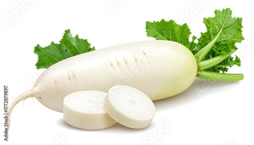 A daikon radish, a root vegetable, lies on its side, partially sliced to show interior