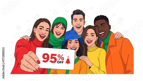Joyful group offers a special discount card: A smiling group of diverse friends proudly displaying a promotional discount card in celebration of a special offer
