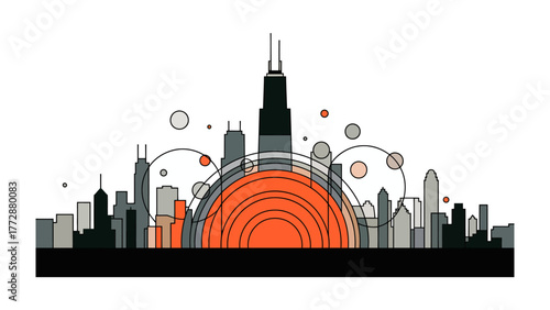City Skyline Silhouette with Orange Sun: A stylized, monochromatic skyline featuring iconic buildings and an orange sun, symbolizing urban landscapes and vibrant life within.