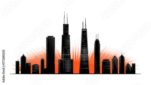 City Silhouette: A striking silhouette of a cityscape against a vibrant orange and yellow backdrop, emphasizing architectural grandeur and urban development.