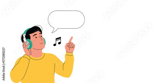 A young man wearing headphones listens to music and points upwards with a thoughtful expression, suggesting inspiration or discovery.