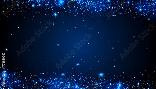 A dark blue gradient background with shimmering glitter forming a frame and scattered stars