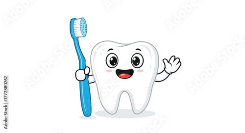 A cheerful cartoon tooth character happily waves while holding a blue toothbrush, promoting dental hygiene and a healthy smile for all ages.