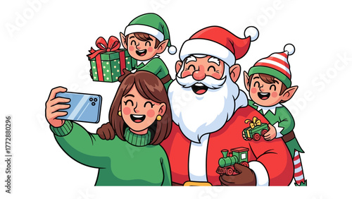 Holiday Selfie: A joyous scene unfolds as a woman captures a selfie with Santa and his merry helpers, elves, sharing the festive spirit and cheer.