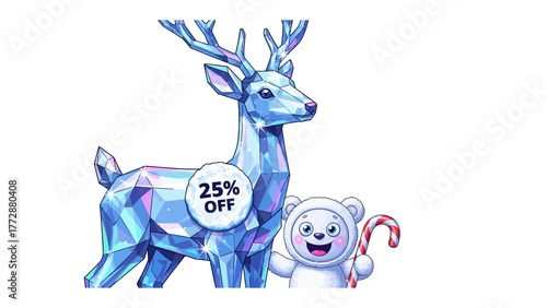 Sparkling Seasonal Savings: A crystalline deer figure stands alongside a cheerful polar bear holding a candy cane, promoting a special 25% discount.