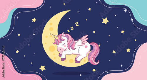A whimsical illustration depicts a sleeping unicorn peacefully resting on a crescent moon amidst a starry night sky, evoking dreams and tranquility.