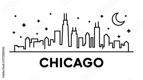 Chicago Skyline Silhouette: A simple yet elegant line drawing of the Chicago skyline, capturing the iconic silhouette of the city's architectural wonders under the night sky. 
