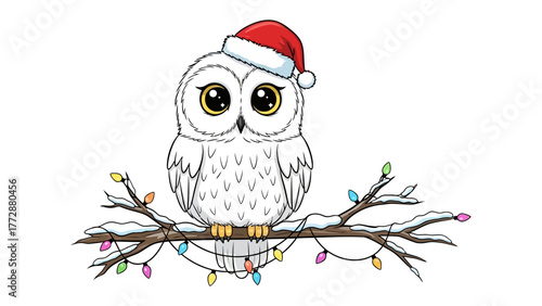 Festive Owl: An adorable owl, adorned with a festive santa hat and perched on a snow-covered branch decorated with twinkling lights, embodying the joy of the holiday season.