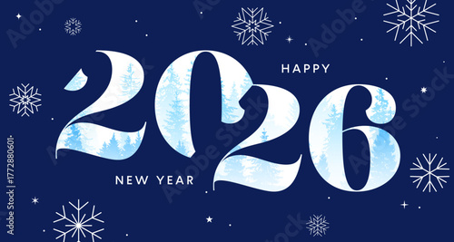 2026 card design, winter New Year logo, snow background