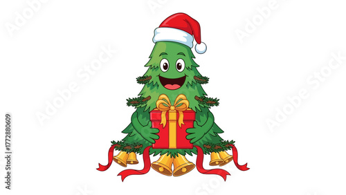 Festive Christmas Tree with Present: A jovial and festive Christmas tree is all smiles, holding a red present adorned with a golden ribbon, ready to celebrate the season with a cheerful heart.