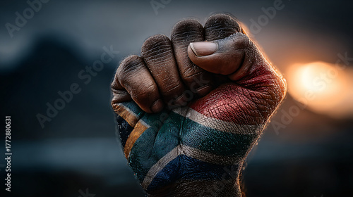 A raised fist in front of the South African flag, symbolizing unity, strength, and resistance. The fabric of the flag waves powerfully in the wind behind the clenched hand