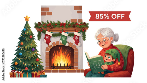 Cozy Christmas Story: A warm illustration capturing a magical Christmas scene. An elderly woman and a child are immersed in a fairy tale near a decorated Christmas tree and fireplace.