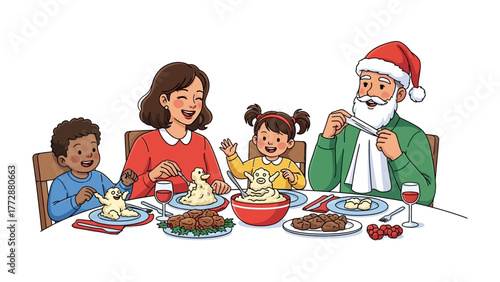 Holiday Family Feast: A heartwarming Christmas dinner unfolds around a table laden with festive fare, with a smiling family enjoying the shared meal and the joyous spirit of the season. 