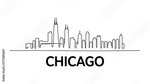 Chicago Skyline Silhouette: A minimalist line drawing captures the essence of the Chicago skyline, showcasing its iconic architecture with sleek simplicity.