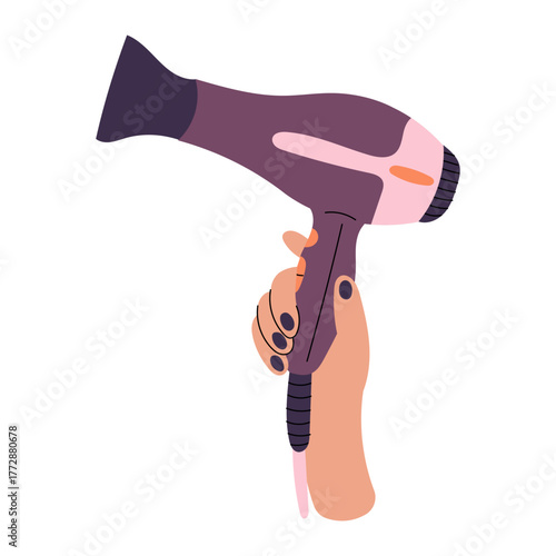Hand Holding Hair Dryer Illustration. Close-up image of a hand holding a hair dryer, symbolizing hairstyling, grooming and beauty care in salon or home settings.