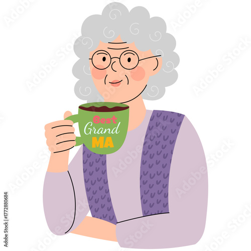 Grandmother Drinking from Cup Best Grandma. Warm illustration of a grandmother enjoying a hot drink from a cup, symbolizing love, comfort and the worlds best grandma sentiment.