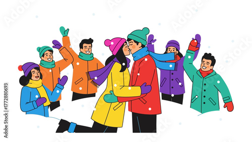 Winter Embrace: A couple shares an intimate kiss amidst a flurry of snowflakes, while friends joyfully celebrate the moment, wrapped in colorful winter wear.