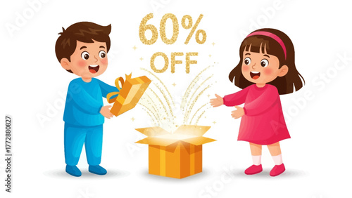 Gift of a discount: Joyful children excitedly open a magical gift box, revealing a sparkling offer of 60% off, evoking the wonder and delight of a special deal.