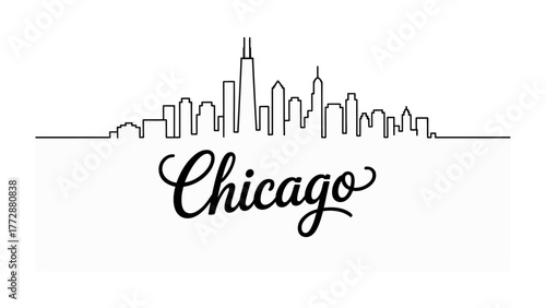 Chicago Skyline Silhouette: A minimalist, elegant line drawing of Chicago's iconic skyline. The city name is elegantly scripted beneath, conveying urban sophistication.