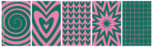 Collection of psychedelic backgrounds with checkerboard, chessboard, mesh, spiral, swirl, heart, star and geometric shapes. Groovy posters, banner, card for Valentine's Day, Mother's Day, wedding