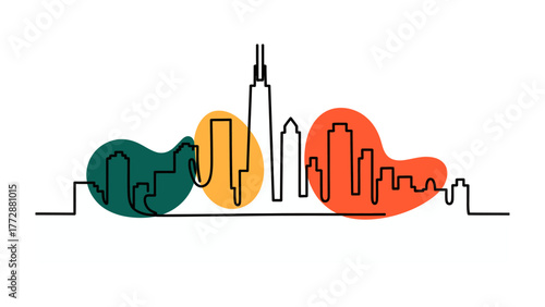 City Skyline Sketch: A minimalist line drawing captures the essence of a city skyline, blending architectural forms with abstract color elements, offering a fresh perspective on urban landscapes.