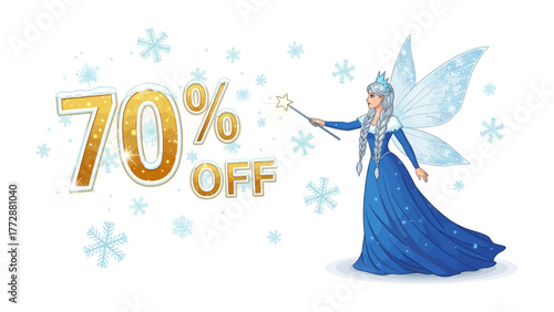 Fairytale Discount: A whimsical illustration showcases a magical offer with a charming fairy, a sparkling wand, and a tempting 70% discount, inviting customers to seize the enchanting deal. 