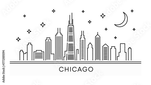 Chicago Skyline at Night: A minimalist line drawing showcases the iconic Chicago skyline under a night sky adorned with stars and a crescent moon, emphasizing the city's architectural grandeur.