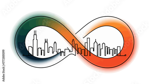 City's Endless Horizon: A continuous line art representation of a city skyline is seamlessly intertwined with an infinity symbol, symbolizing the city's limitless potential and eternal charm.