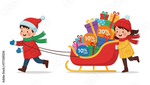 Festive sleigh ride: A joyful boy and girl pull a vibrant red sleigh overflowing with colorful gift boxes, decorated with tempting percentage discounts.