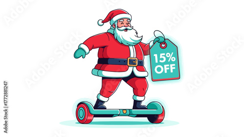 Santa Claus on a Hoverboard: A jovial Santa Claus rides a modern hoverboard, holding a price tag promoting a generous discount, creating a blend of festive cheer and contemporary innovation.
