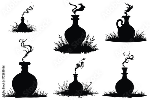 Black silhouette potion bottles with swirling smoke and grass
