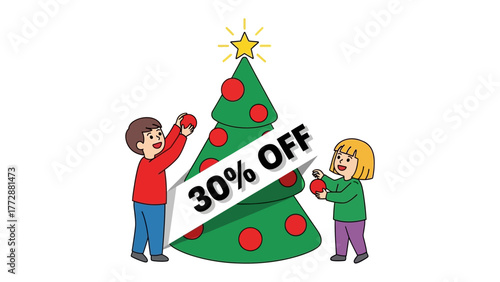Holiday Savings: Animated duo decorates a vibrant tree, with a festive price-cut sign showcasing the spirit of seasonal offers. 