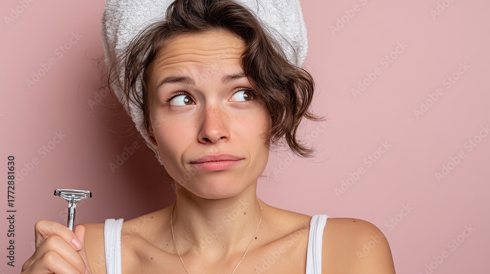 Fototapeta premium Jeune femme avec rasoir regardant vers le haut sur fond rose pastel