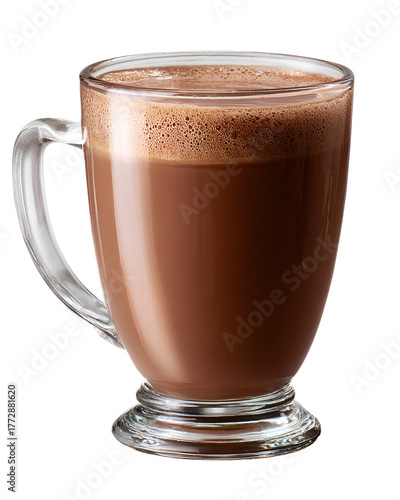 Warm and frothy hot chocolate in a clear glass mug on a black background