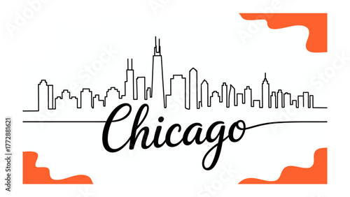 Chicago Skyline Silhouette: An abstract line drawing captures the essence of the Chicago skyline, featuring iconic skyscrapers and architectural highlights, set against a modern artistic design.