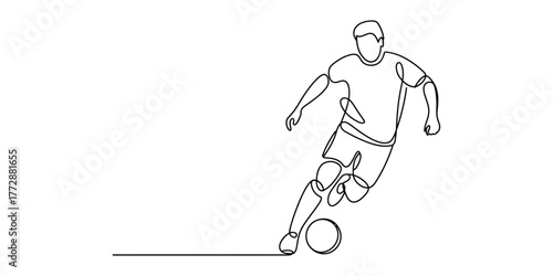 Dynamic continuous line drawing of a soccer player dribbling a ball in motion vector