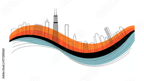 Chicago Skyline Abstract: An abstract artistic interpretation of Chicago's iconic skyline, rendered in a dynamic, flowing design. The cityscape is represented with simple lines and shapes.