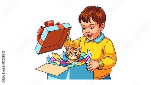 Surprise Gift and Kitten's Revelation: A young boy opens a present revealing an adorable kitten amidst colorful tissue paper, capturing the excitement of a delightful surprise.