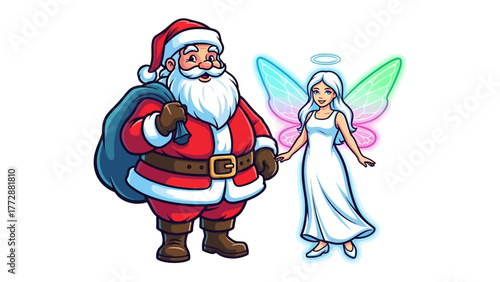 Holiday Unity: Santa Claus and a Fairy, a heartwarming holiday illustration of Santa Claus holding hands with a fairy, creating a scene of Christmas joy and holiday cheer.